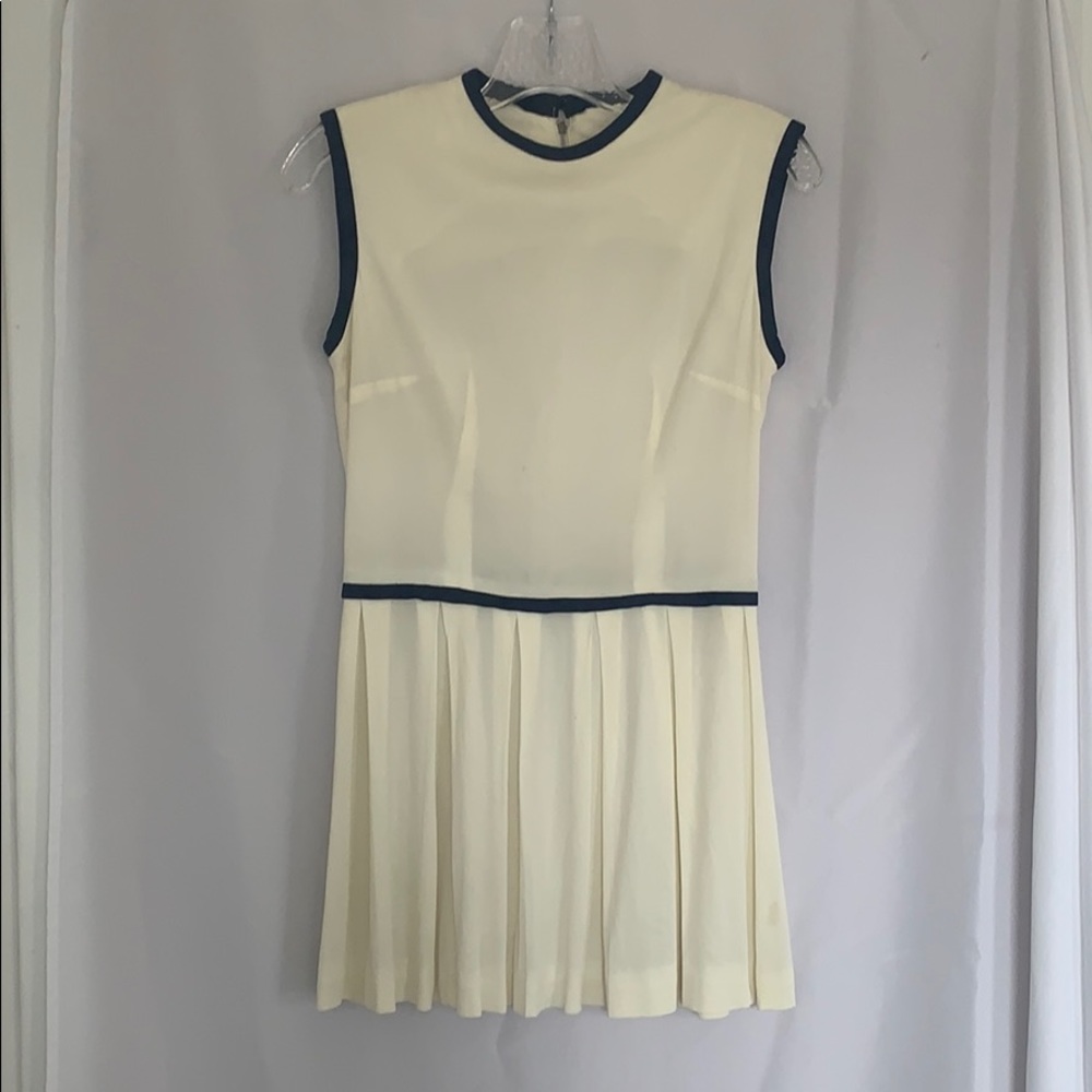 Vintage Off-White w Navy trim pleated tennis dress